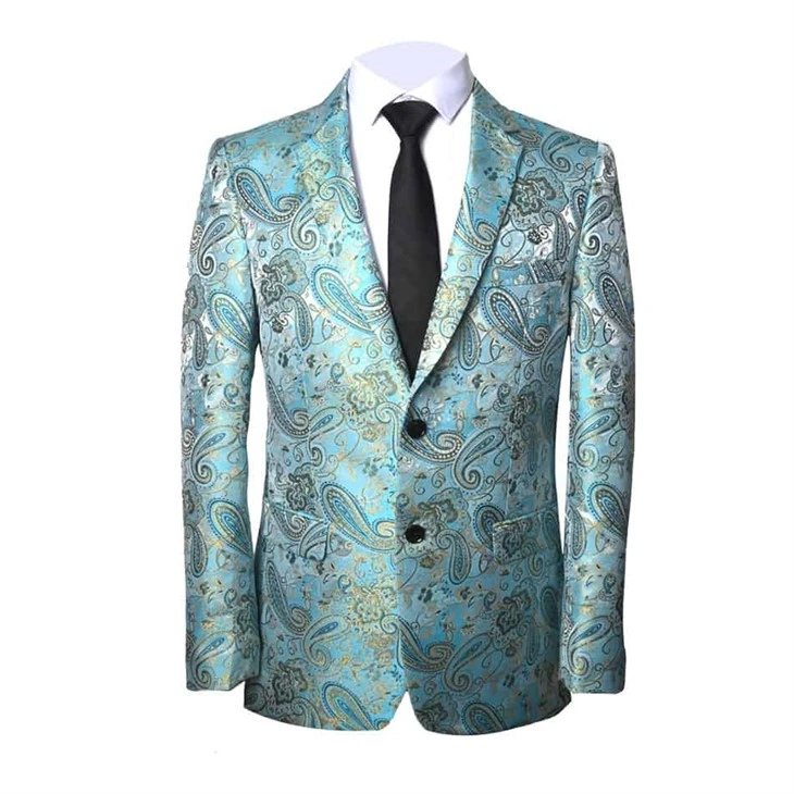 Light Blue Paisley Men's Suit Jacket With Black Tie - Elegant Formal Blazer | YILI - F145